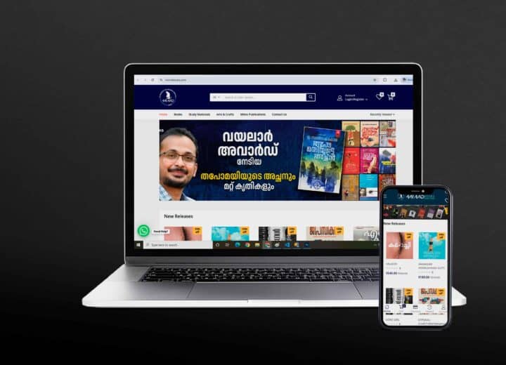 AI-powered digital platform showcasing books and publications on laptops and smartphones.
