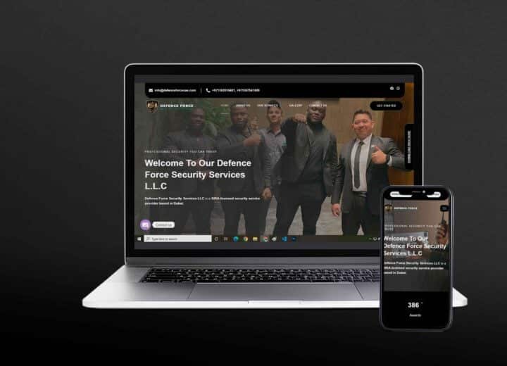 Security services website displayed on laptop and smartphone screens for SEO optimization.