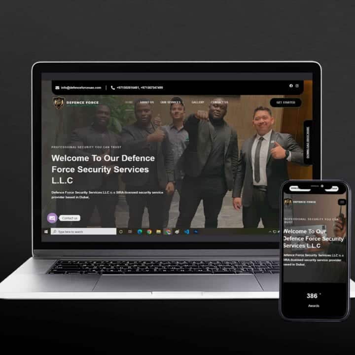 Security services website displayed on laptop and smartphone screens for SEO optimization.