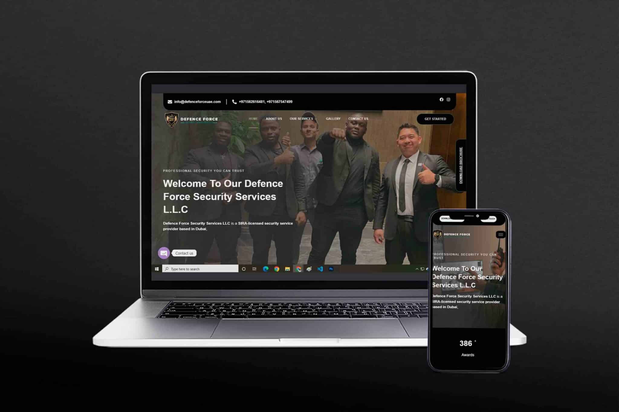 Security services website displayed on laptop and smartphone screens for SEO optimization.