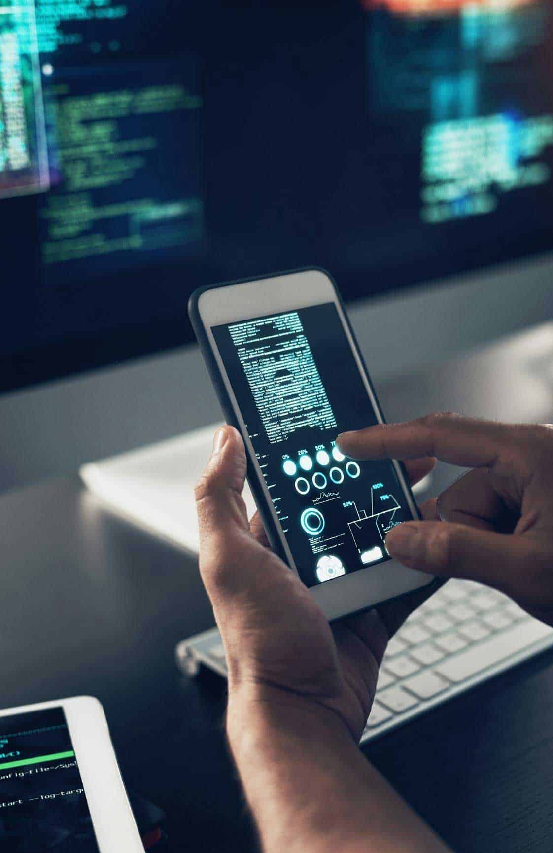 Advanced data analytics on smartphone with futuristic digital interface, AI, and coding visuals.