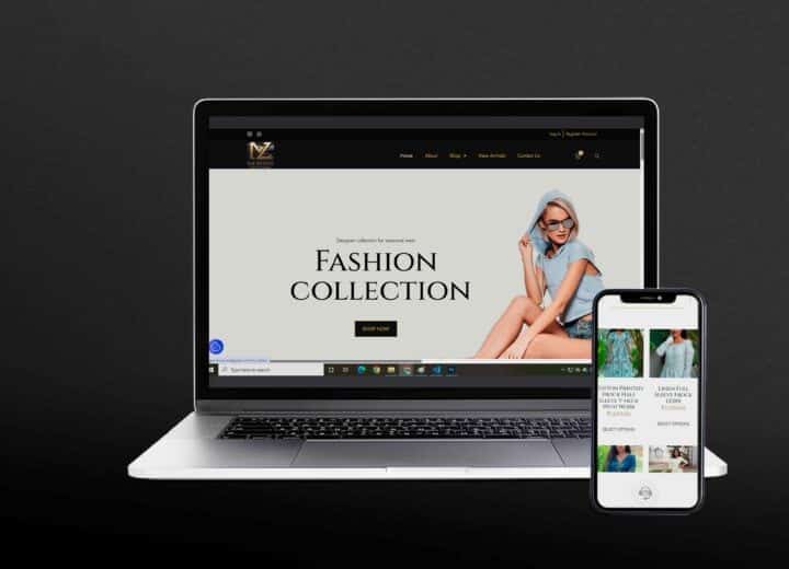 Elegant laptop and smartphone displaying fashion e-commerce website with modern design and stylish clothing.