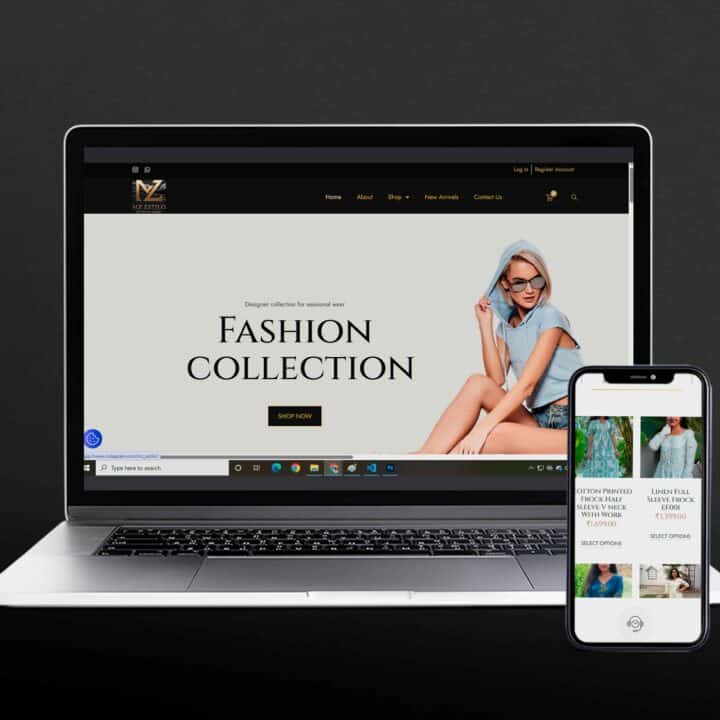 Elegant laptop and smartphone displaying fashion e-commerce website with modern design and stylish clothing.