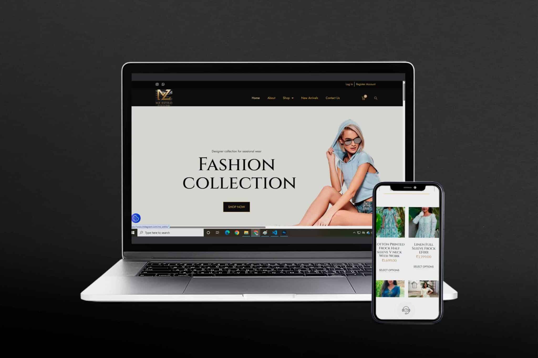 Elegant laptop and smartphone displaying fashion e-commerce website with modern design and stylish clothing.